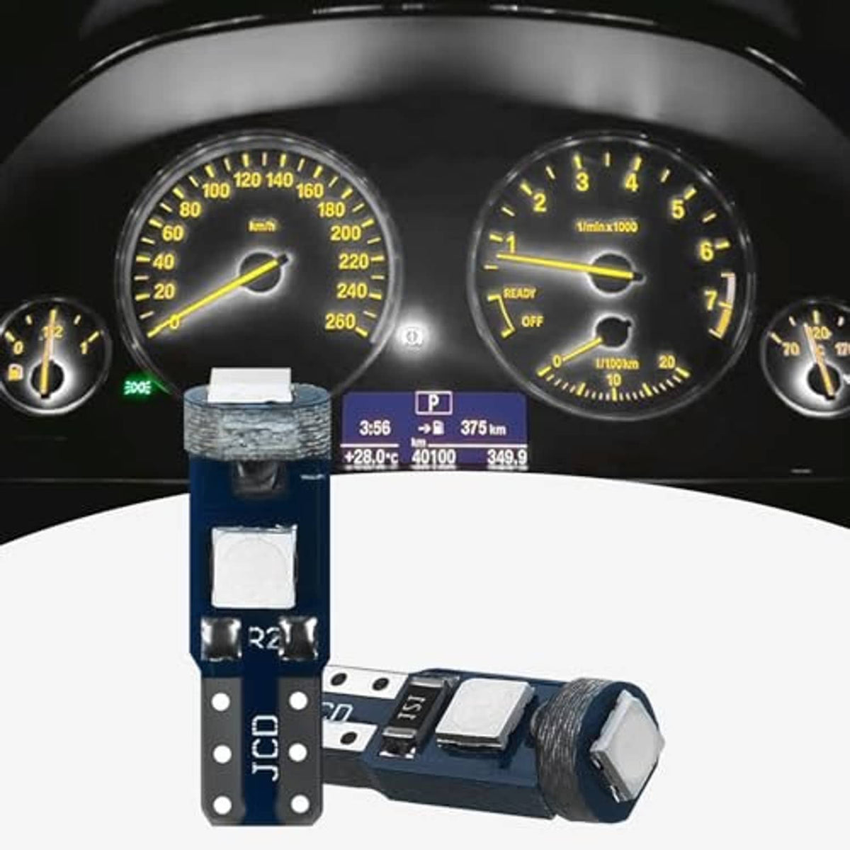 T5 LED dashboard bulb with metal coil heat sink, white LED cap, blue PCB base