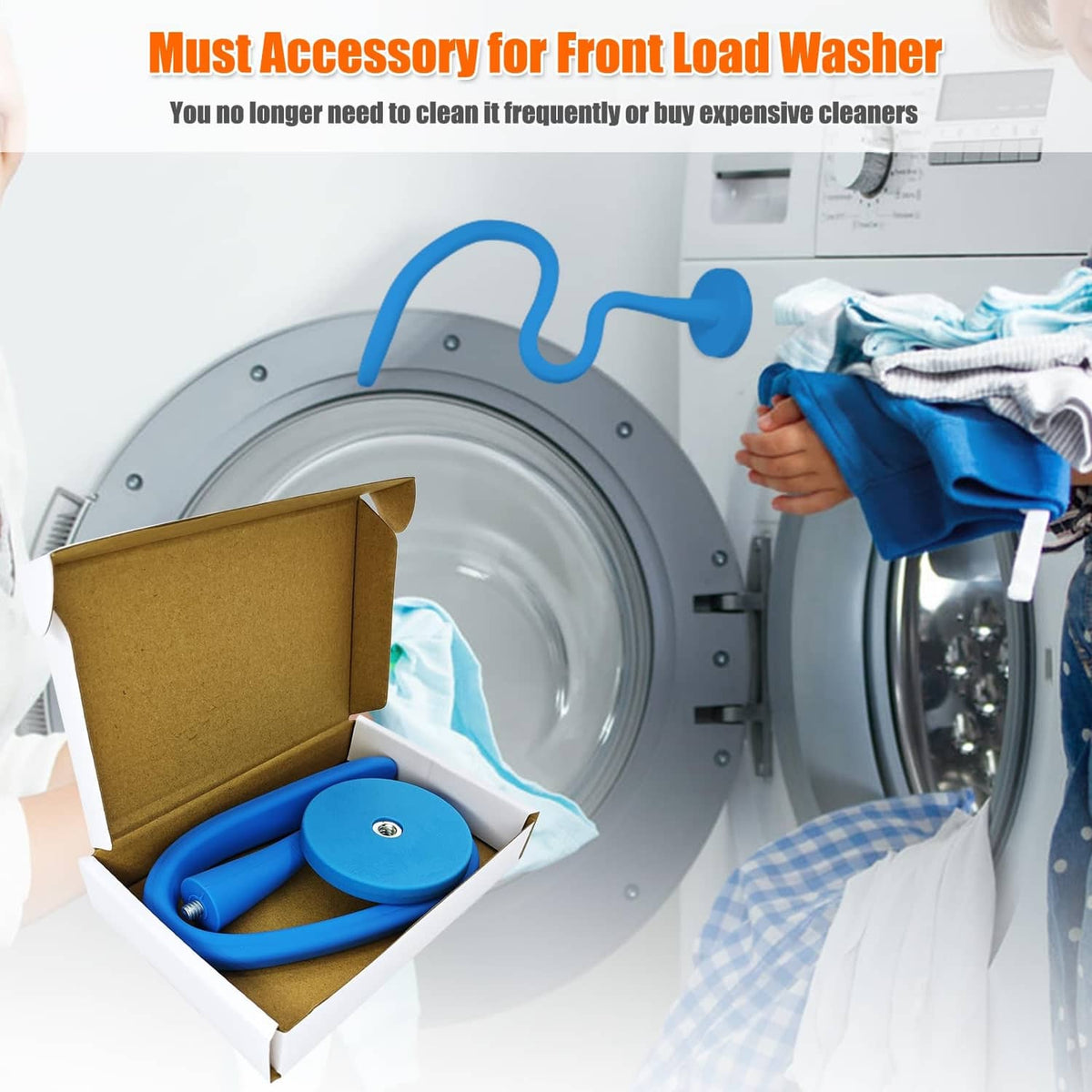 Blue front-load washer door prop set with magnetic base and flexible hose for front washers.