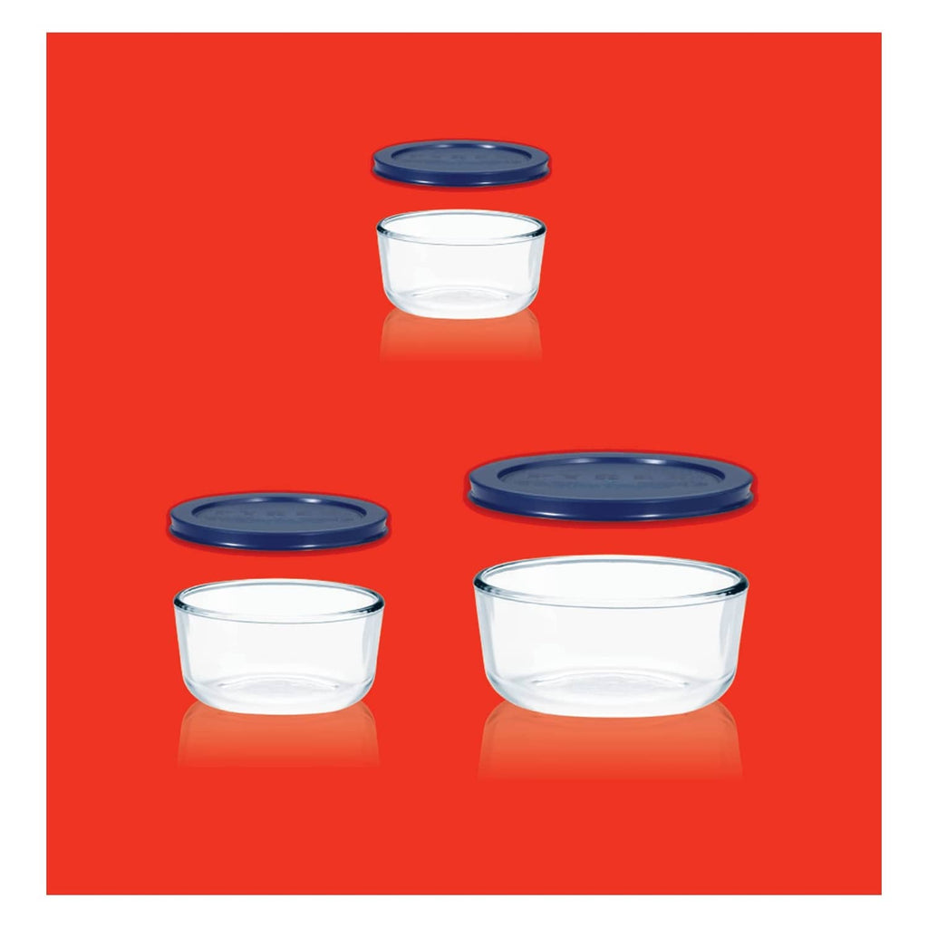 Three clear glass food storage containers with navy-blue lids, compact 3-pack set