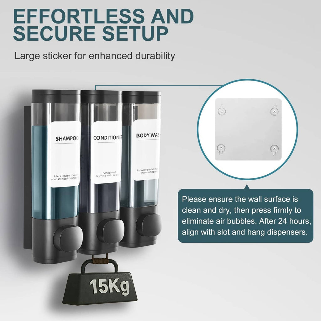 3-chamber shower soap dispenser set with adhesive sticker for secure, easy setup