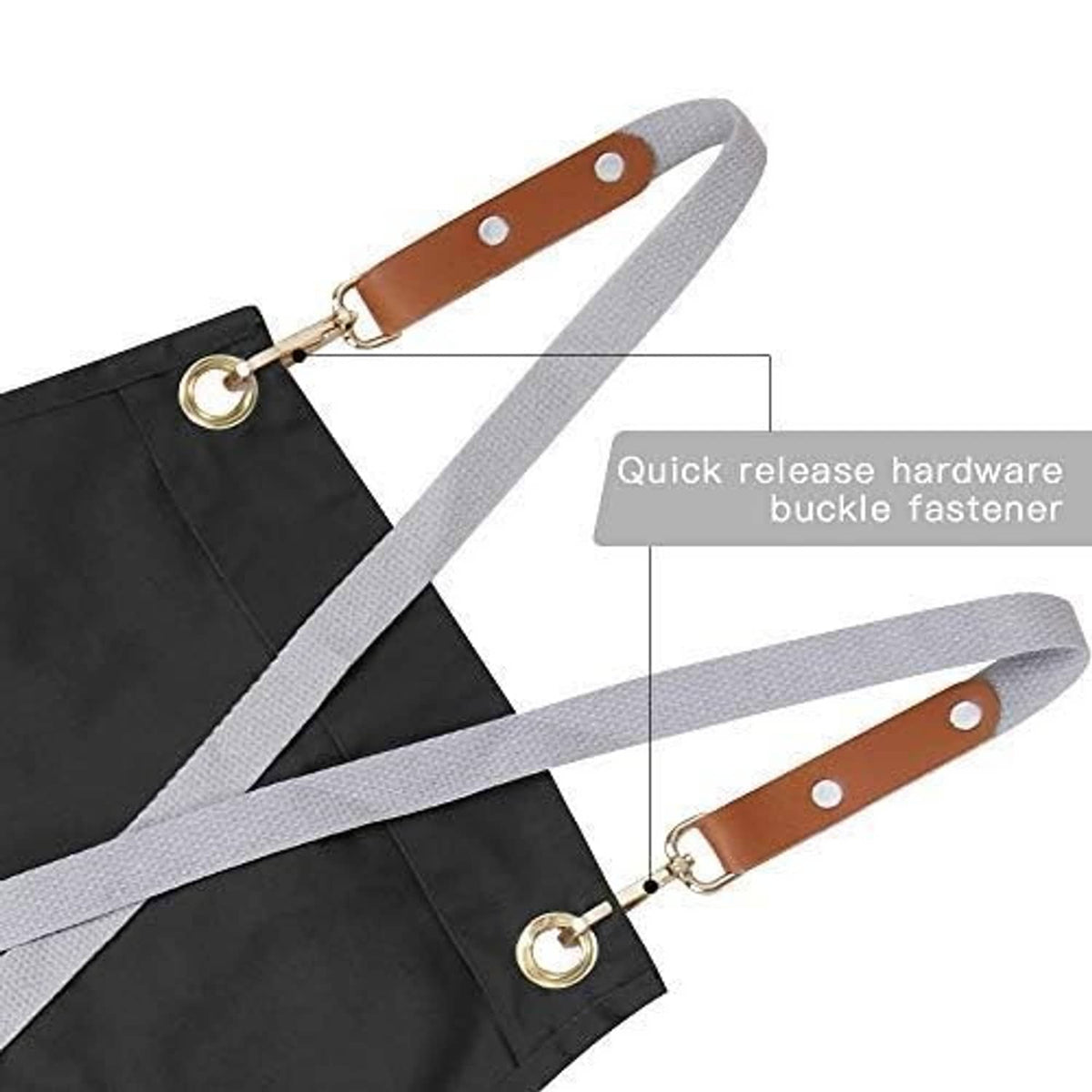 Quick-release buckle hardware on brown leather and gray apron straps with rings