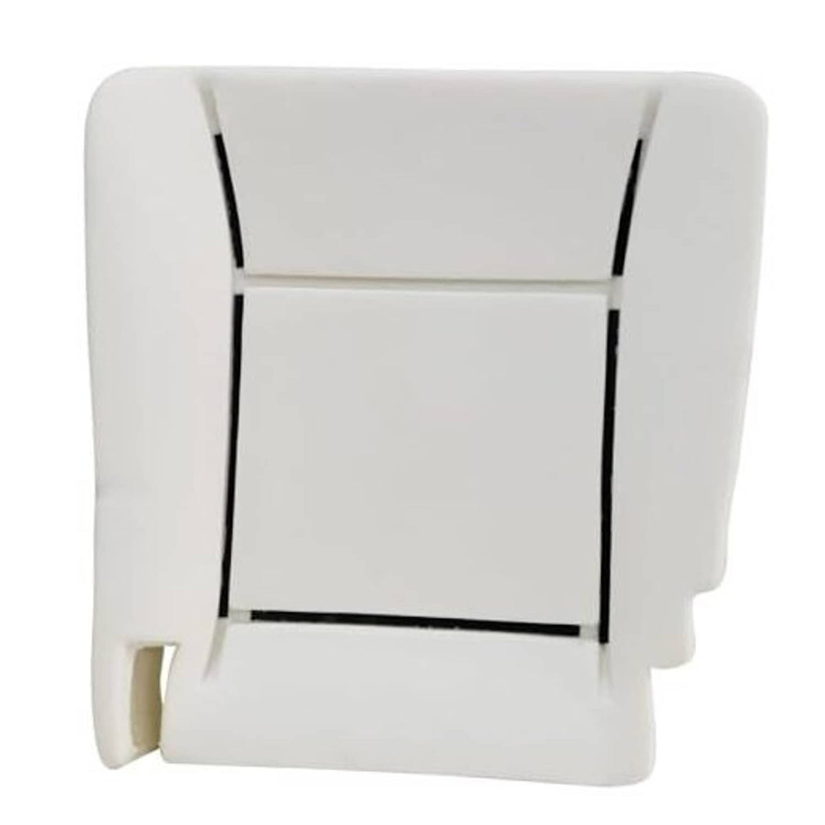 Front driver-side seat bottom foam cushion, white with black support channels