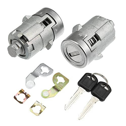 Silver door lock cylinders with two black keys and included mounting pieces