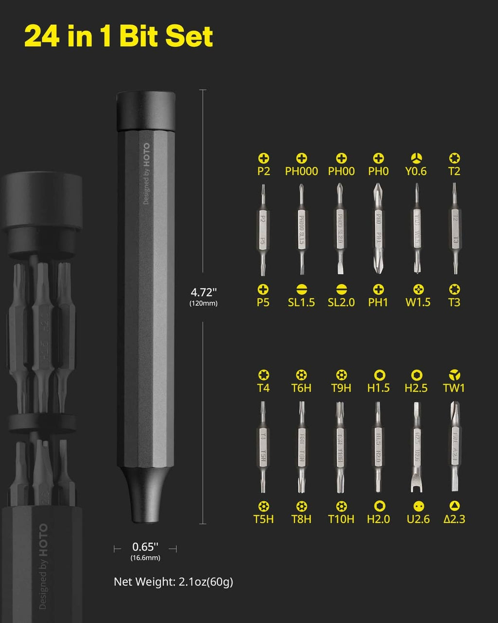 24-in-1 precision screwdriver set with bit sizes shown beside the compact handle