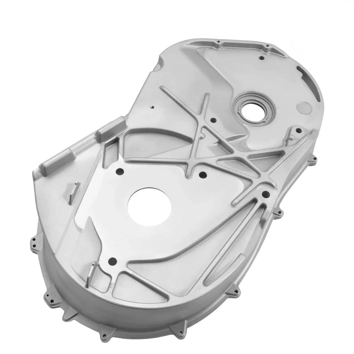 Aluminum inner clutch cover, light gray metal with circular openings and mounting points