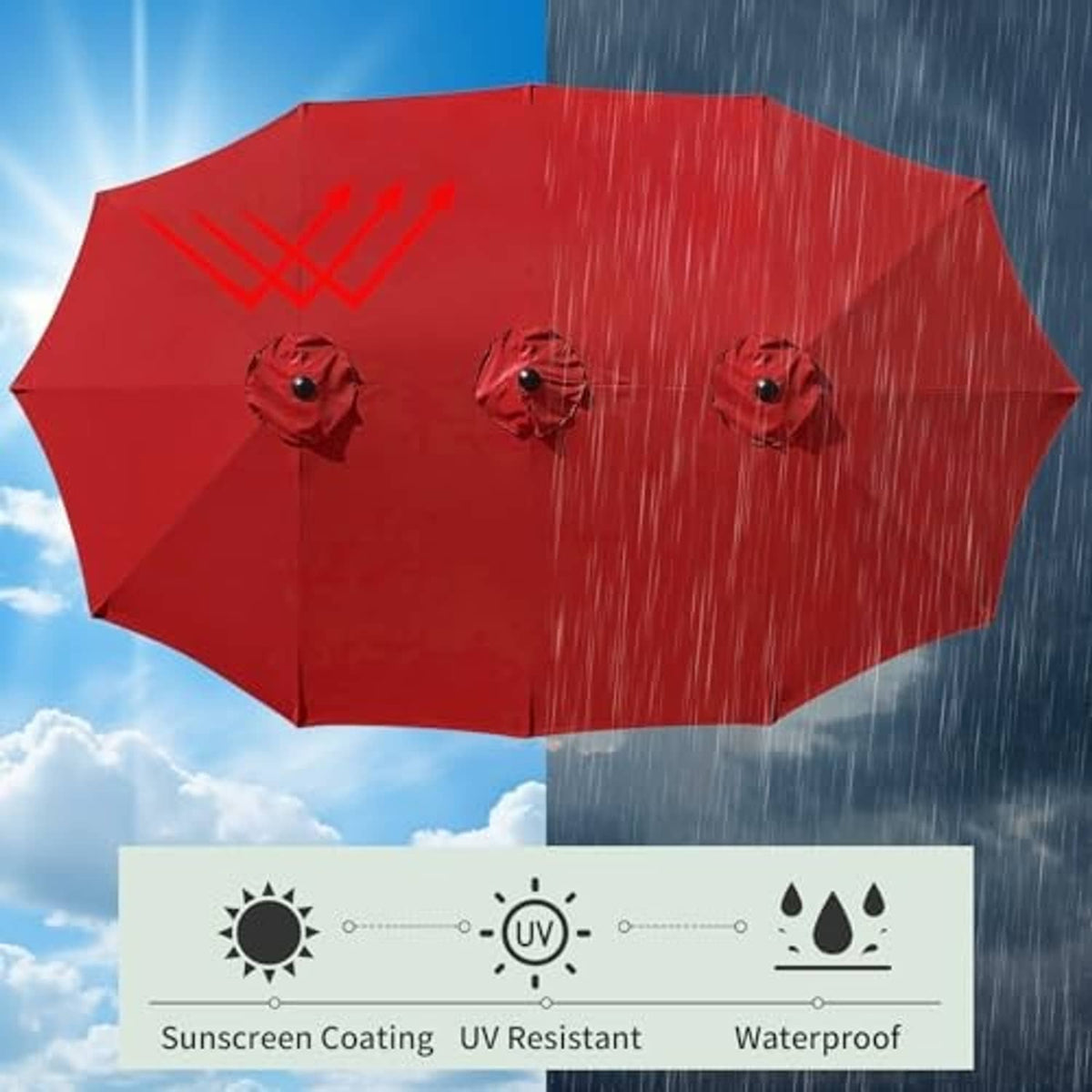 Red umbrella canopy replacement with UV-resistant coating and waterproof fabric