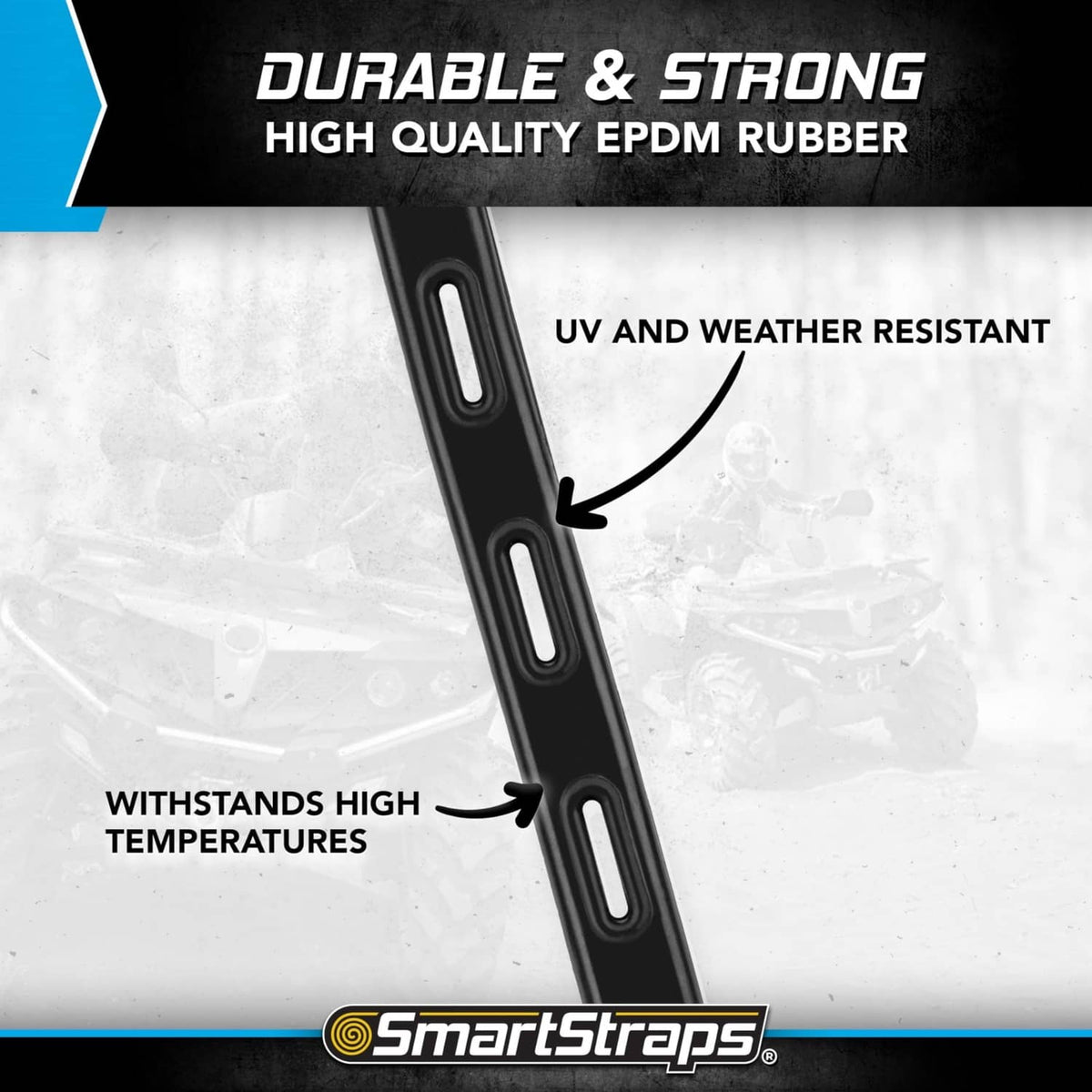 Black adjustable rubber tarp strap with punched holes and metal hook loop