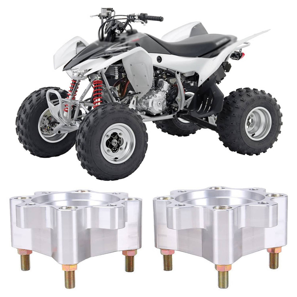 Wheel spacer pair with silver machined blocks and threaded studs, side-by-side view
