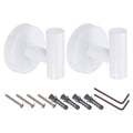 White wall-mounted coat hooks with screws and mounting hardware, set of 2