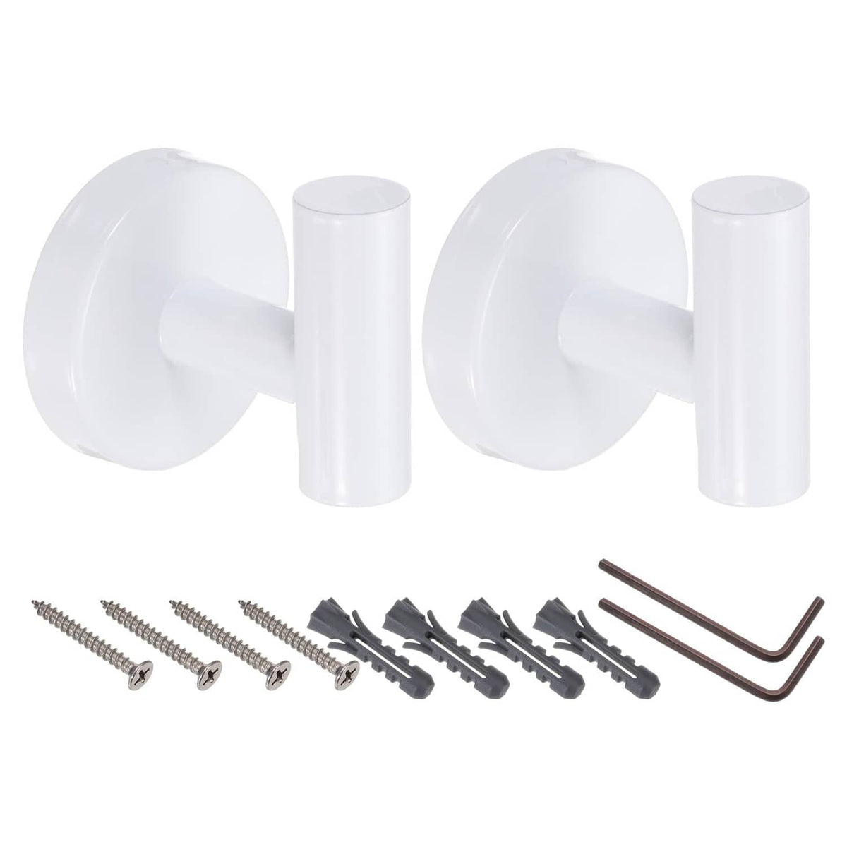 White wall-mounted coat hooks with screws and mounting hardware, set of 2