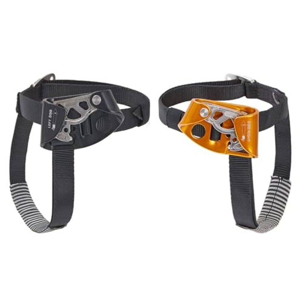 Pair of rock climbing foot ascenders, black webbing with silver left and orange right