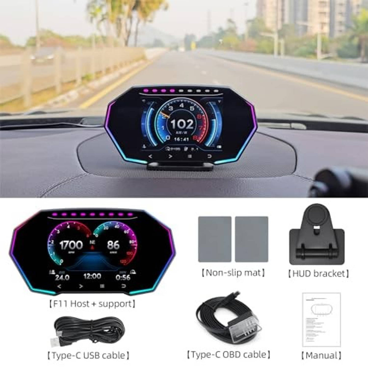 Car HUD display with included Type-C USB and OBD cables, bracket, and non-slip mat