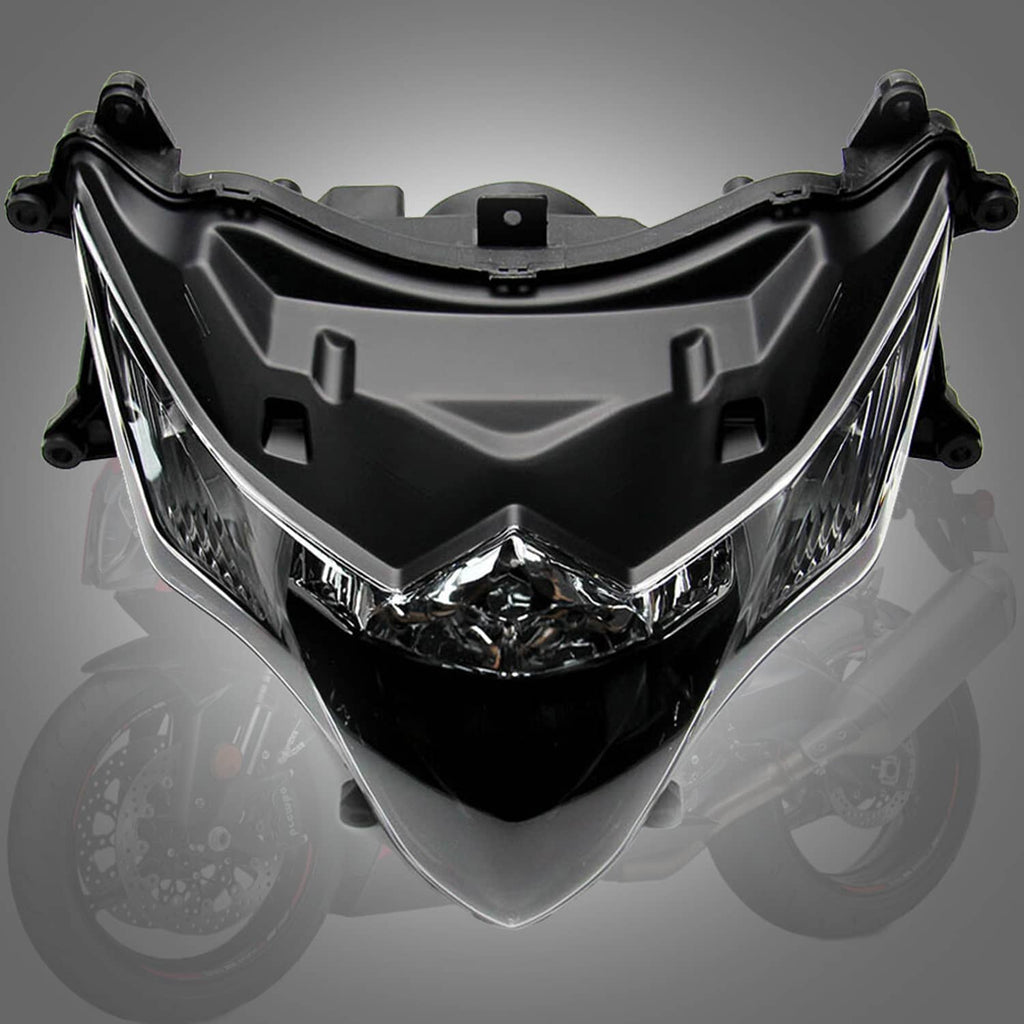 Front headlight housing assembly, centered view with black bezel and clear lens