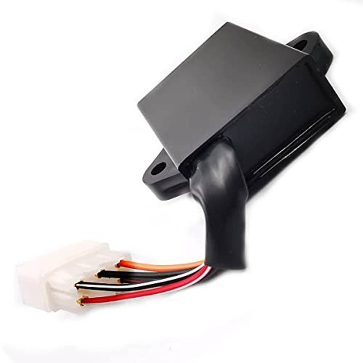 Black CDI ignition module with plug wiring harness and side mounting tabs
