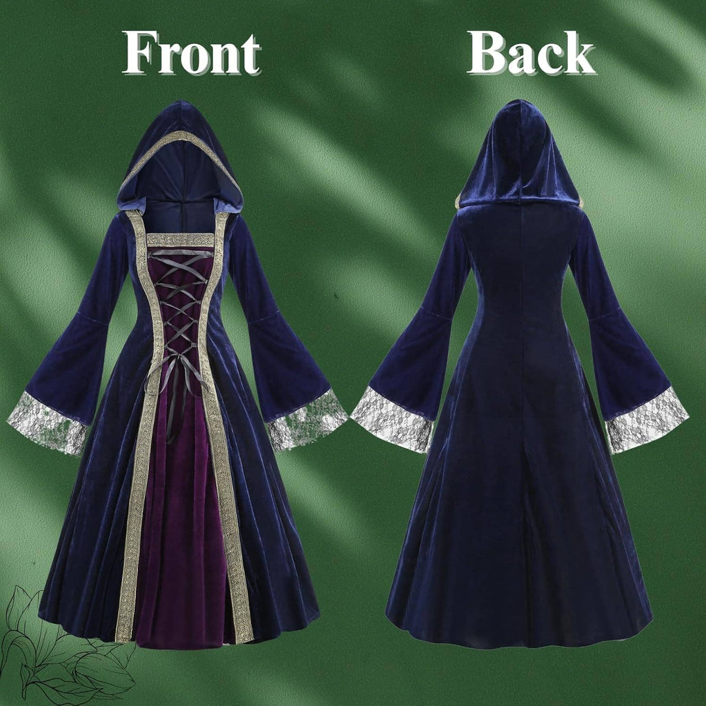 Medieval princess gown front and back views with hood, corset-laced bodice, lace trim