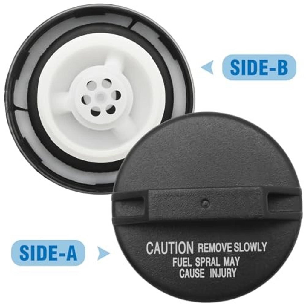 Fuel tank filler cap showing black CAUTION cover and white underside insert