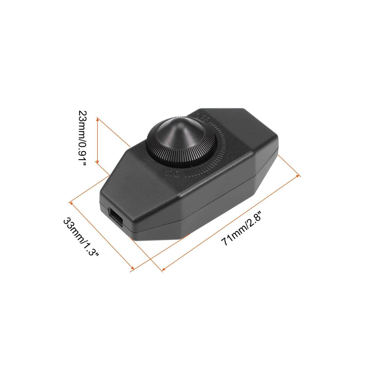 Black inline rotary dimmer switch with size guide, single control dial