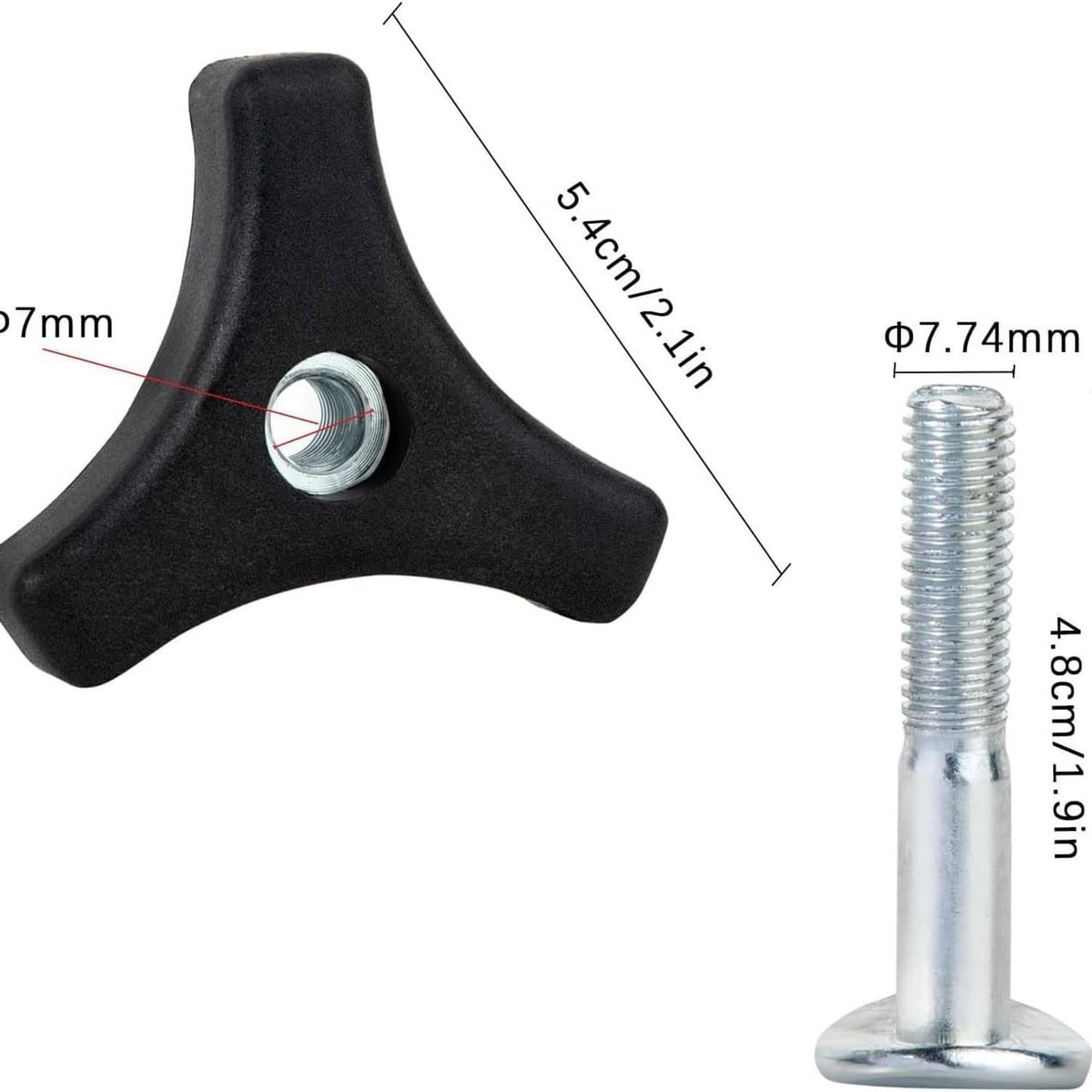 Mower handle bolt set: black bracket with silver threaded screw and size markings