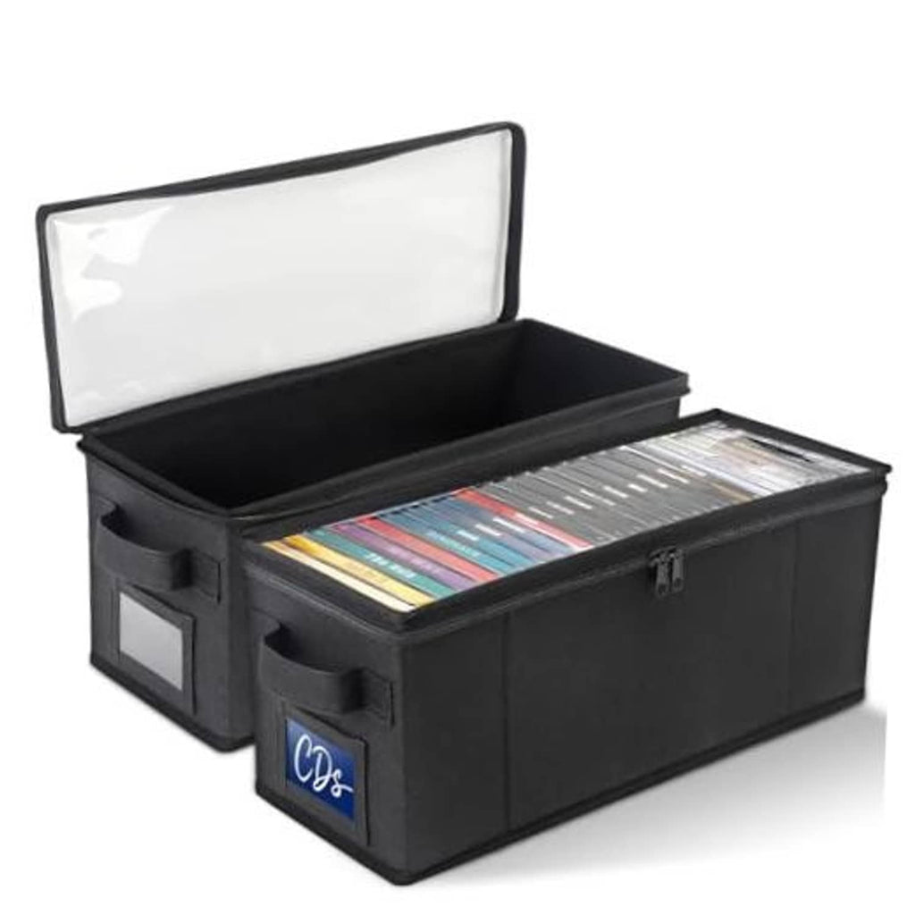 Black storage box with clear window lid, open top, CD organizer inside