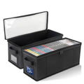 Black storage box with clear window lid, open top, CD organizer inside