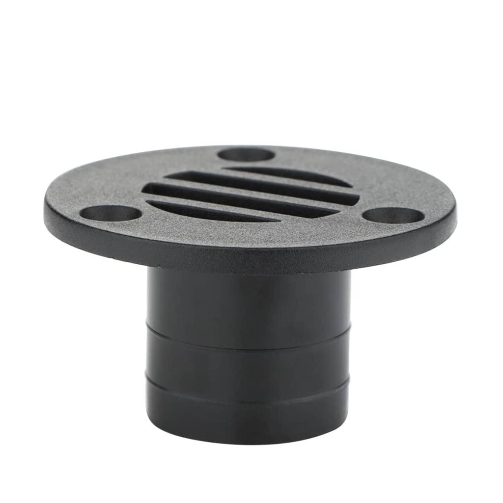 Black nylon deck floor drain fitting, round slotted grate top and cylindrical base