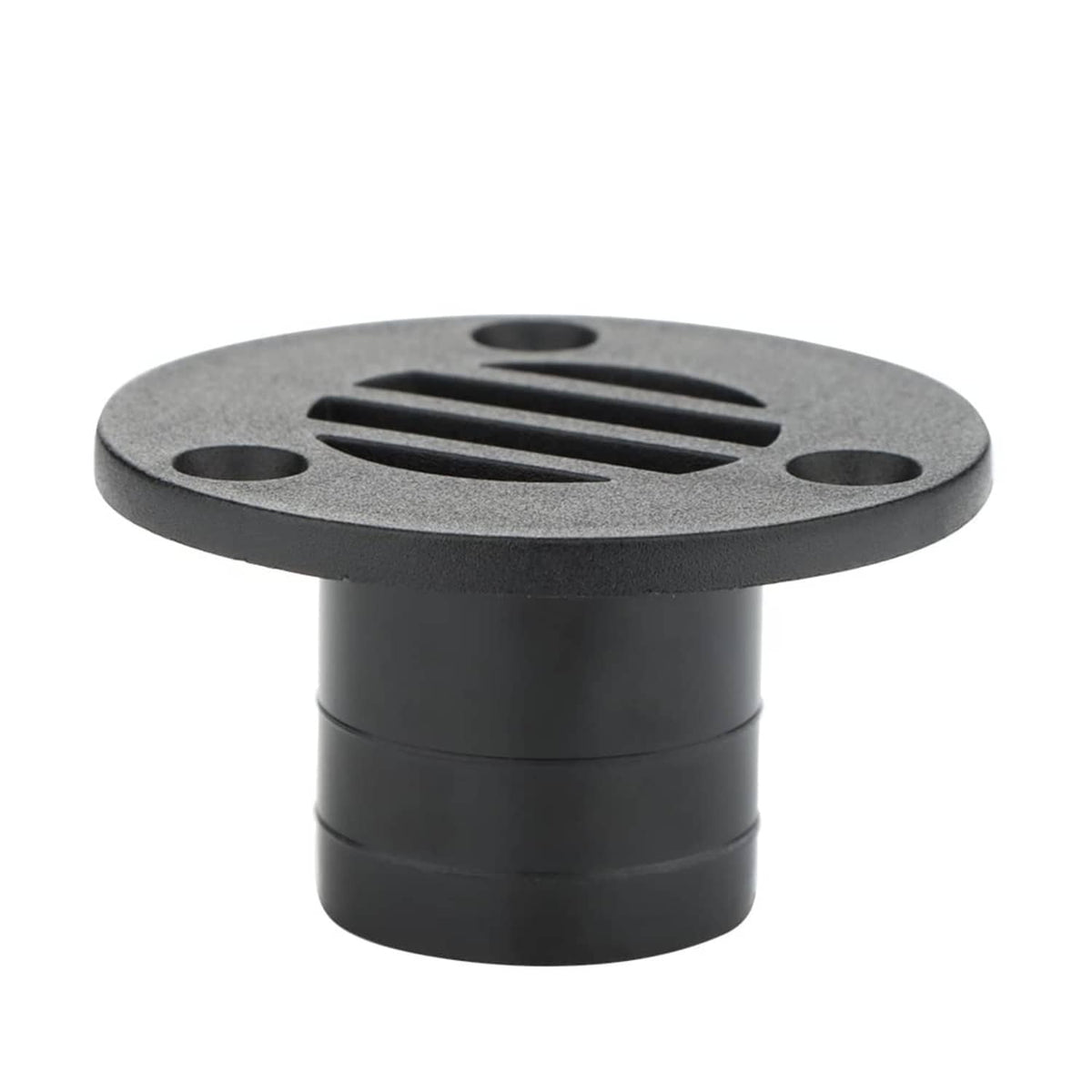 Black nylon deck floor drain fitting, round slotted grate top and cylindrical base