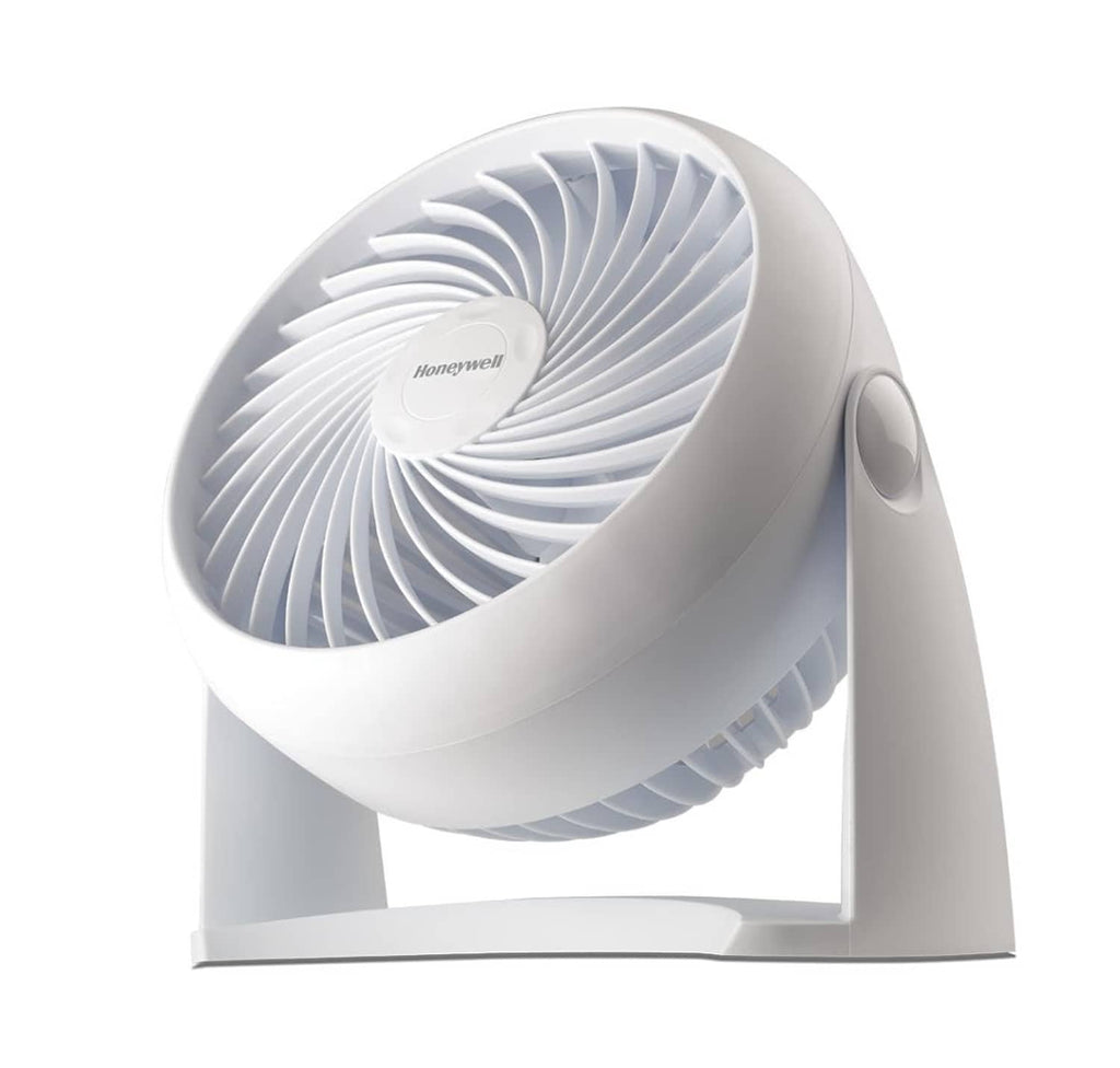 White tabletop air circulator fan with front grille and spiral fan blades