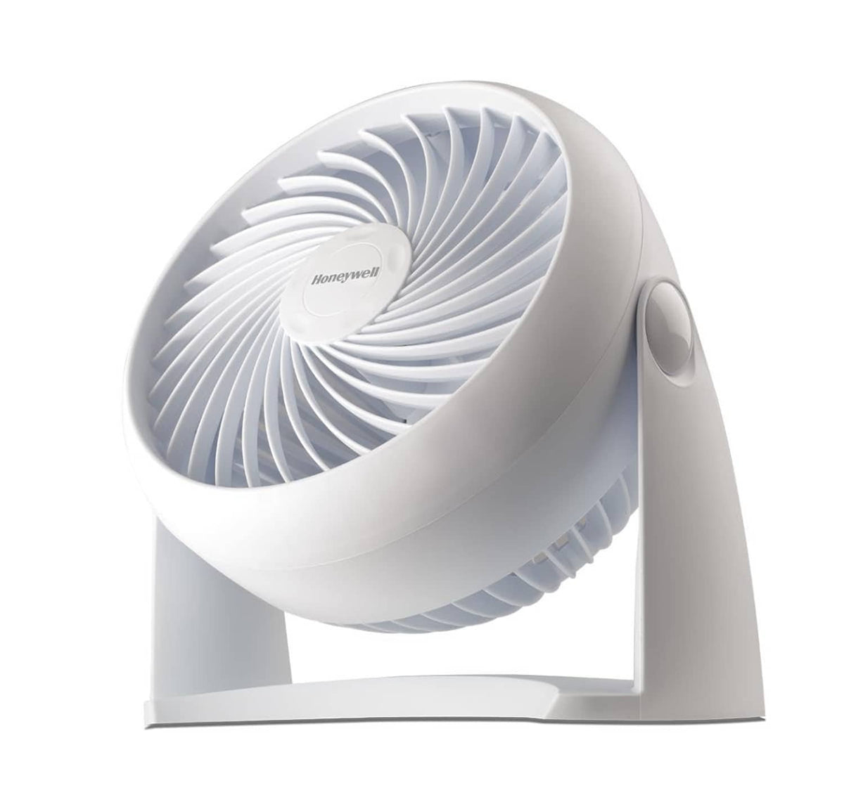 White tabletop air circulator fan with front grille and spiral fan blades