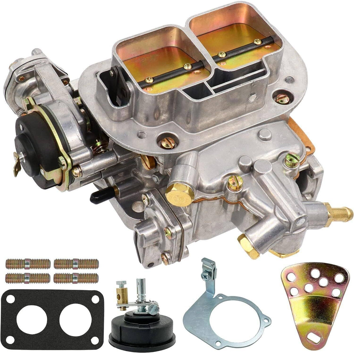 Two-barrel carburetor with intake ports, fuel fittings, and included small hardware.