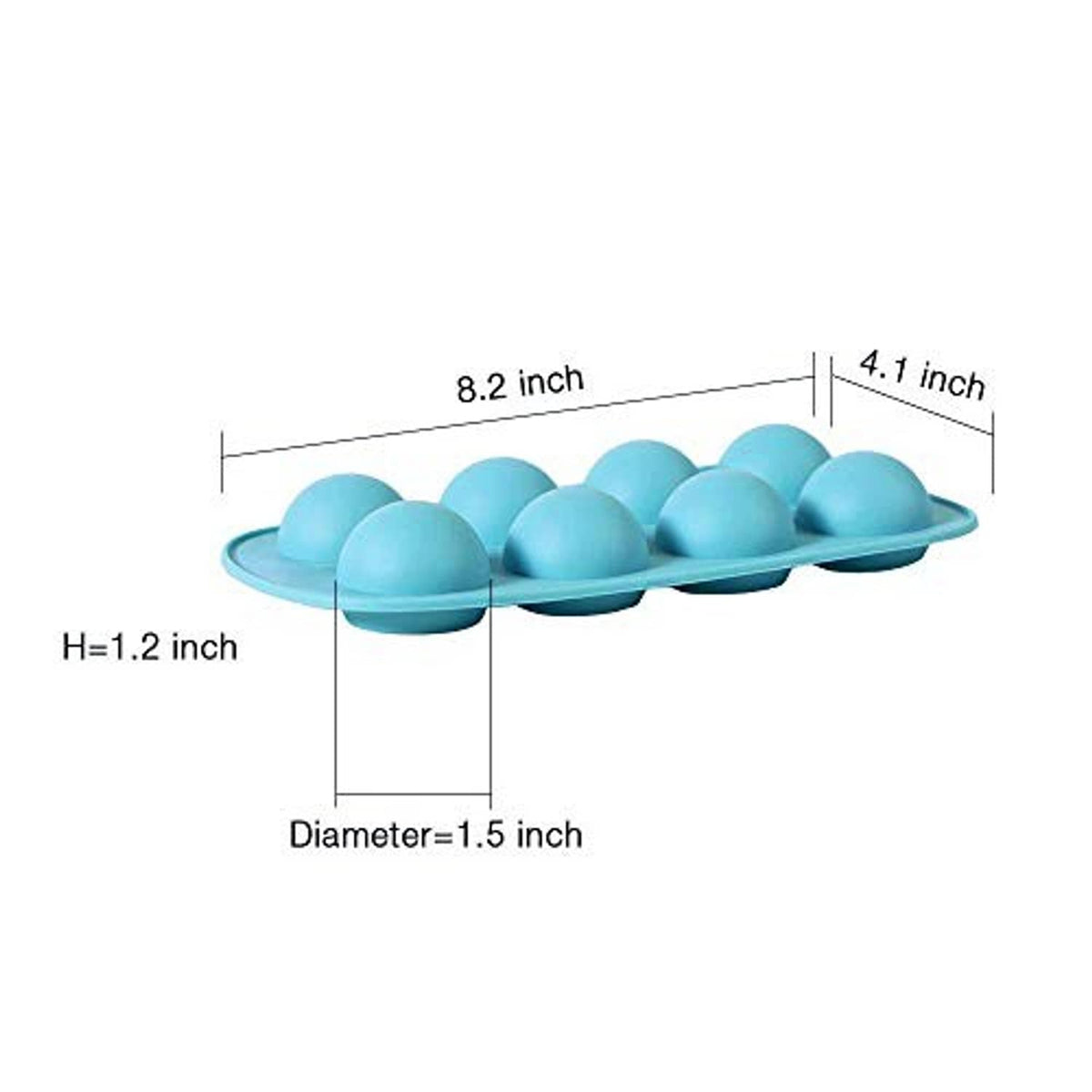 Light blue silicone sphere chocolate mold tray with labeled dimensions and round cavities