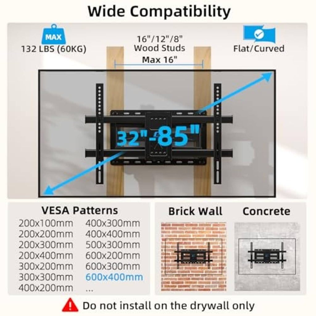 TV wall mount system with VESA-style mounting holes and crossbar mounted on studs