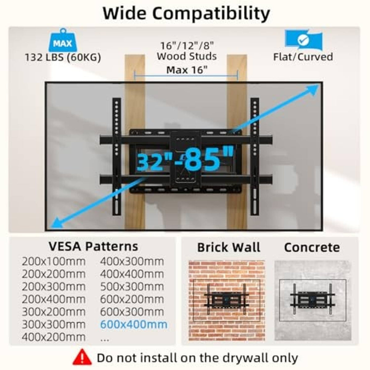 TV wall mount system with VESA-style mounting holes and crossbar mounted on studs