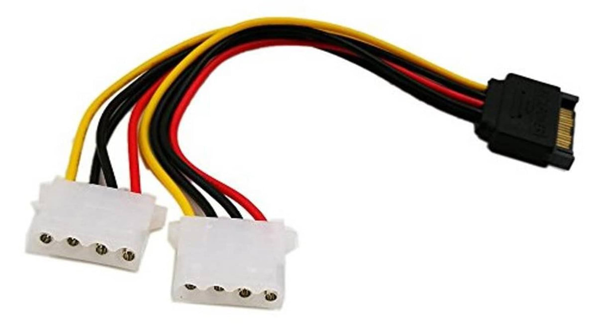 SATA 15-pin male to dual LP4 female Y power cable with black SATA and two white plugs