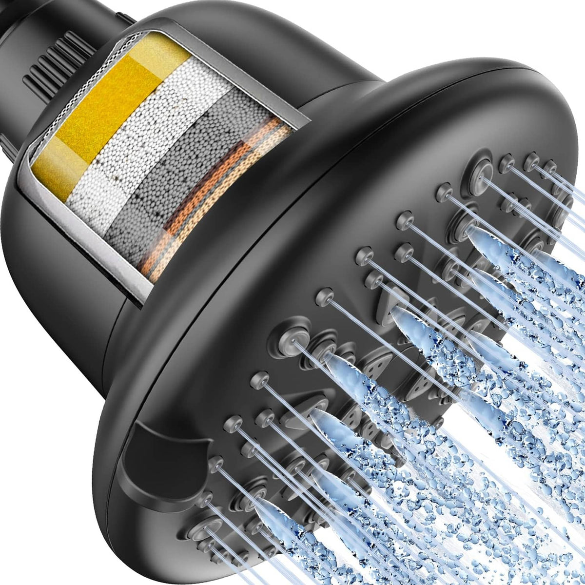 Black Cobbe filtered shower head with visible spray jets and filter cartridge insert