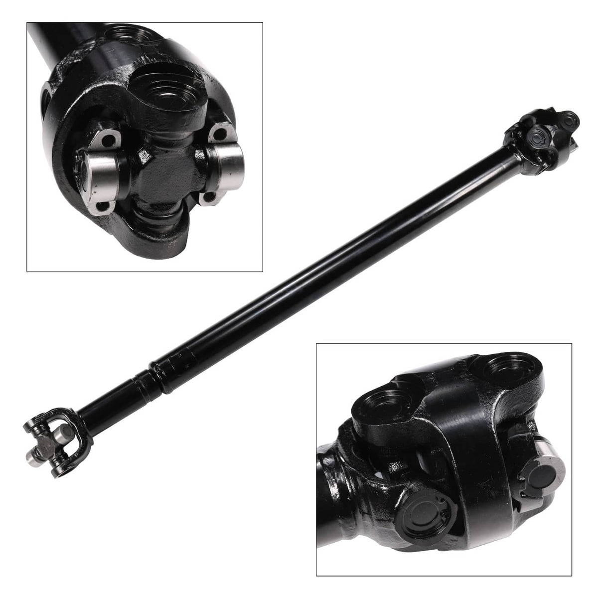 Front drive shaft assembly with yoke and U-joint, black steel finish