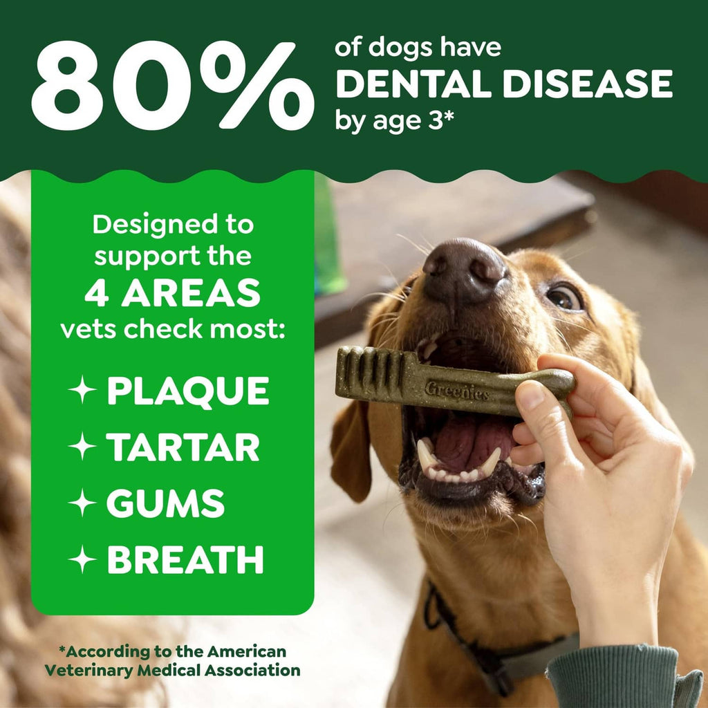 Dental treat packaging with dog chewing, highlighting plaque, tartar, gums, and breath support