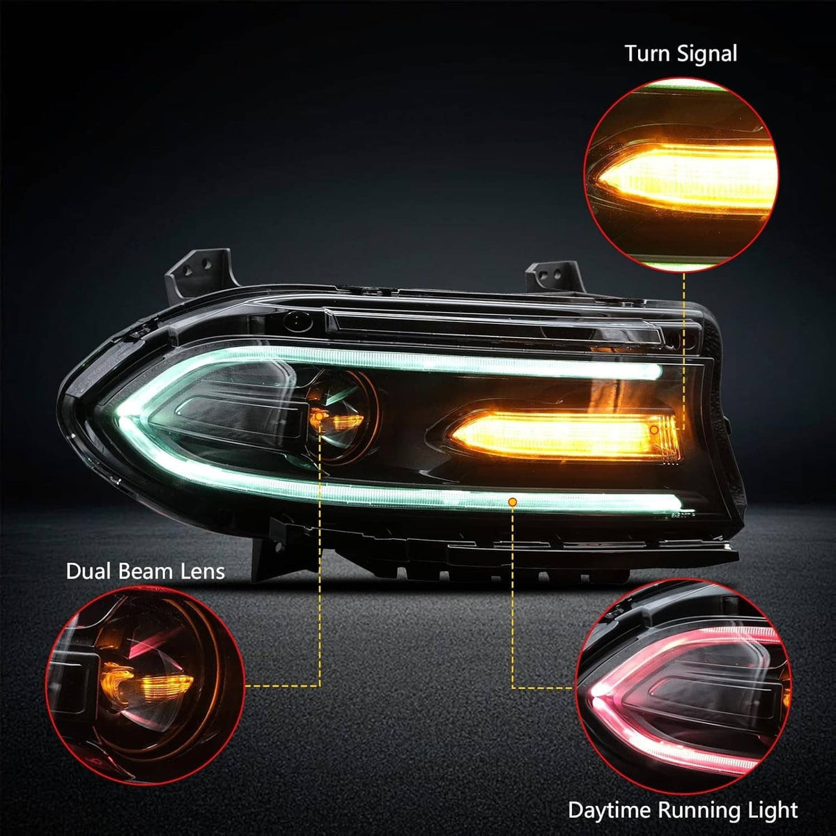 LED projector headlights with dual beam lenses, cool white strip and amber turn signal