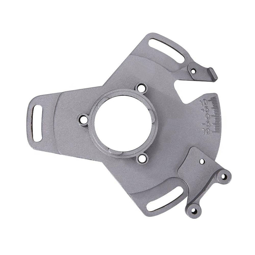 ATV stator timing plate, silver metal part with center bore and curved mounting tabs