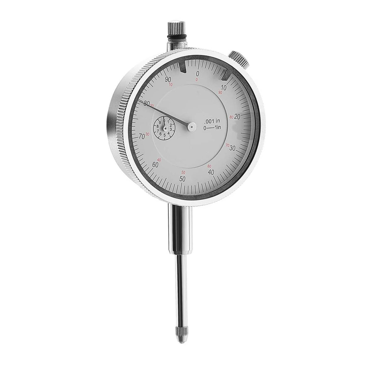 Dial test indicator with round gauge, metal stem, and black outer bezel