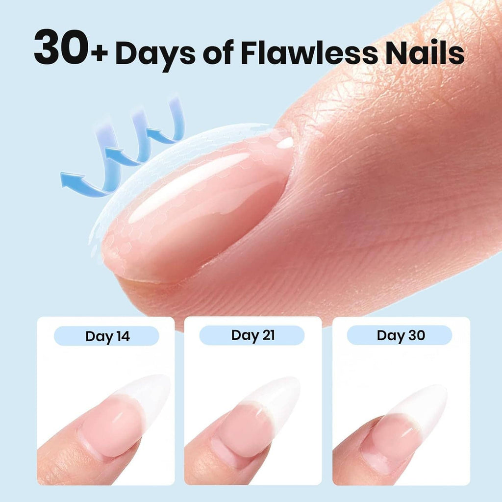 Glossy clear nails results chart with close-up finger and Day 14–30 thumbnails