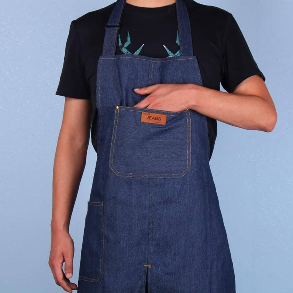 Blue denim pottery apron with large front pocket and adjustable neck strap