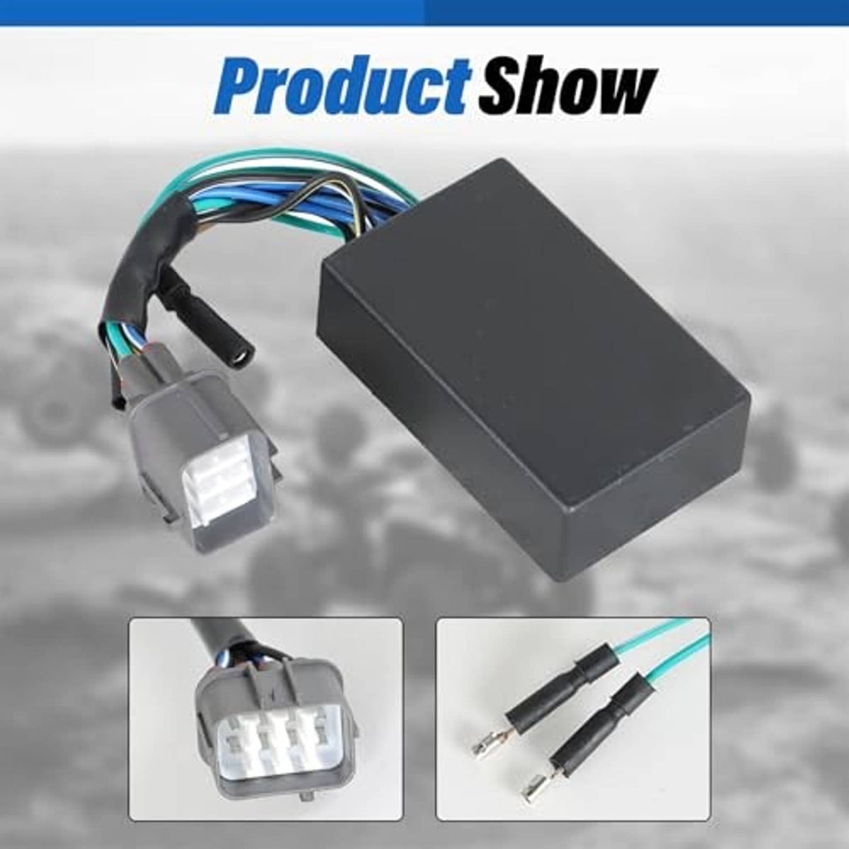 Black CDI box with wiring harness and gray connector, product part display