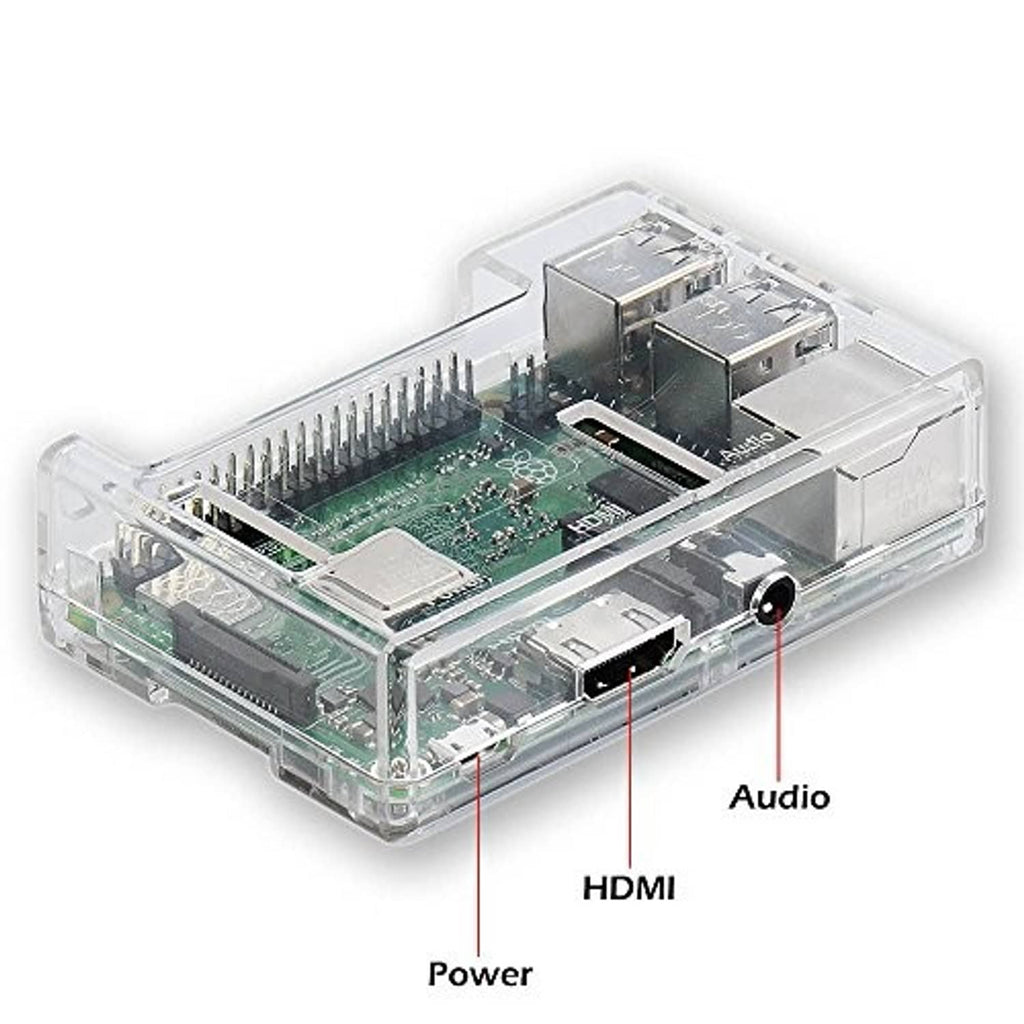 Transparent Raspberry Pi 3B+ case showing mounted board and side I/O ports