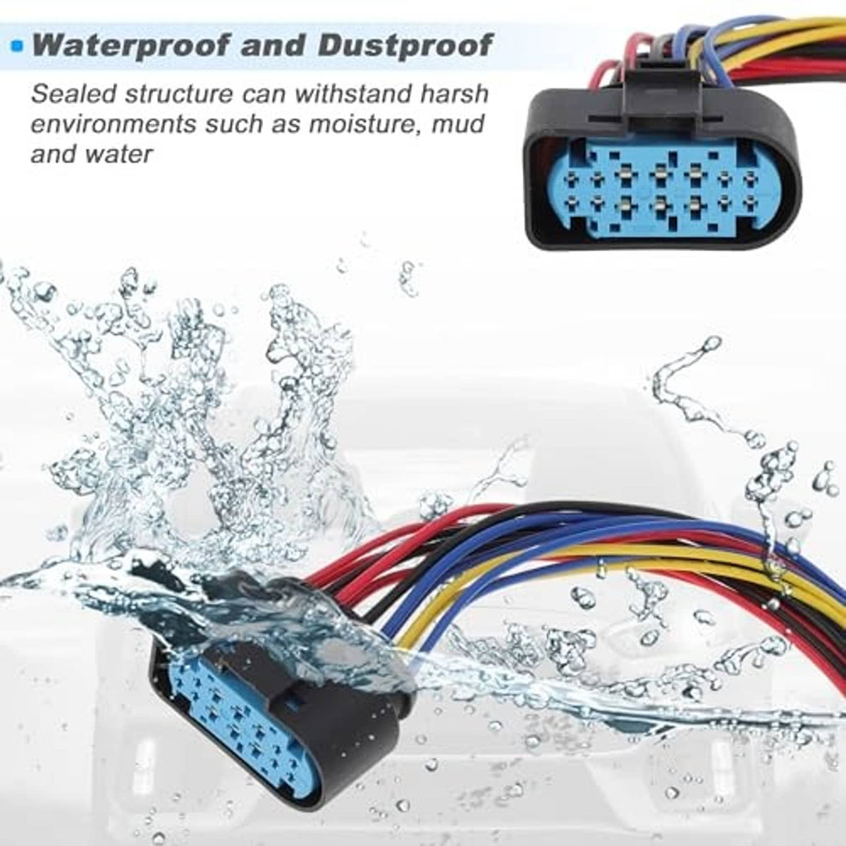 14-pin headlight connector pigtail plug with blue socket and multicolor wire harness