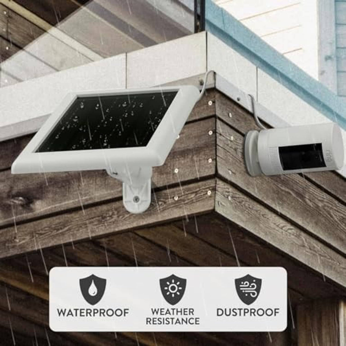 White solar panel charger mounted outdoors with weatherproof sensor unit