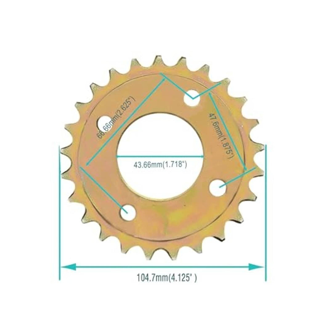 Iridescent gold 25-tooth sprocket with mounting holes, size diagram view