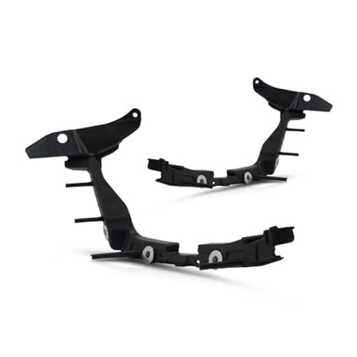 Black bumper cover support brackets with side tabs and mounting studs