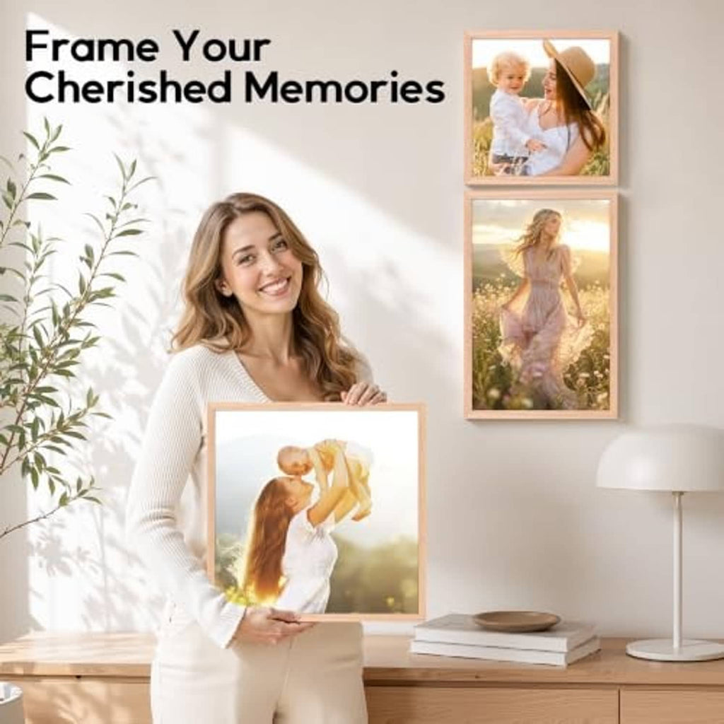 Natural oak photo frame holding a family portrait print