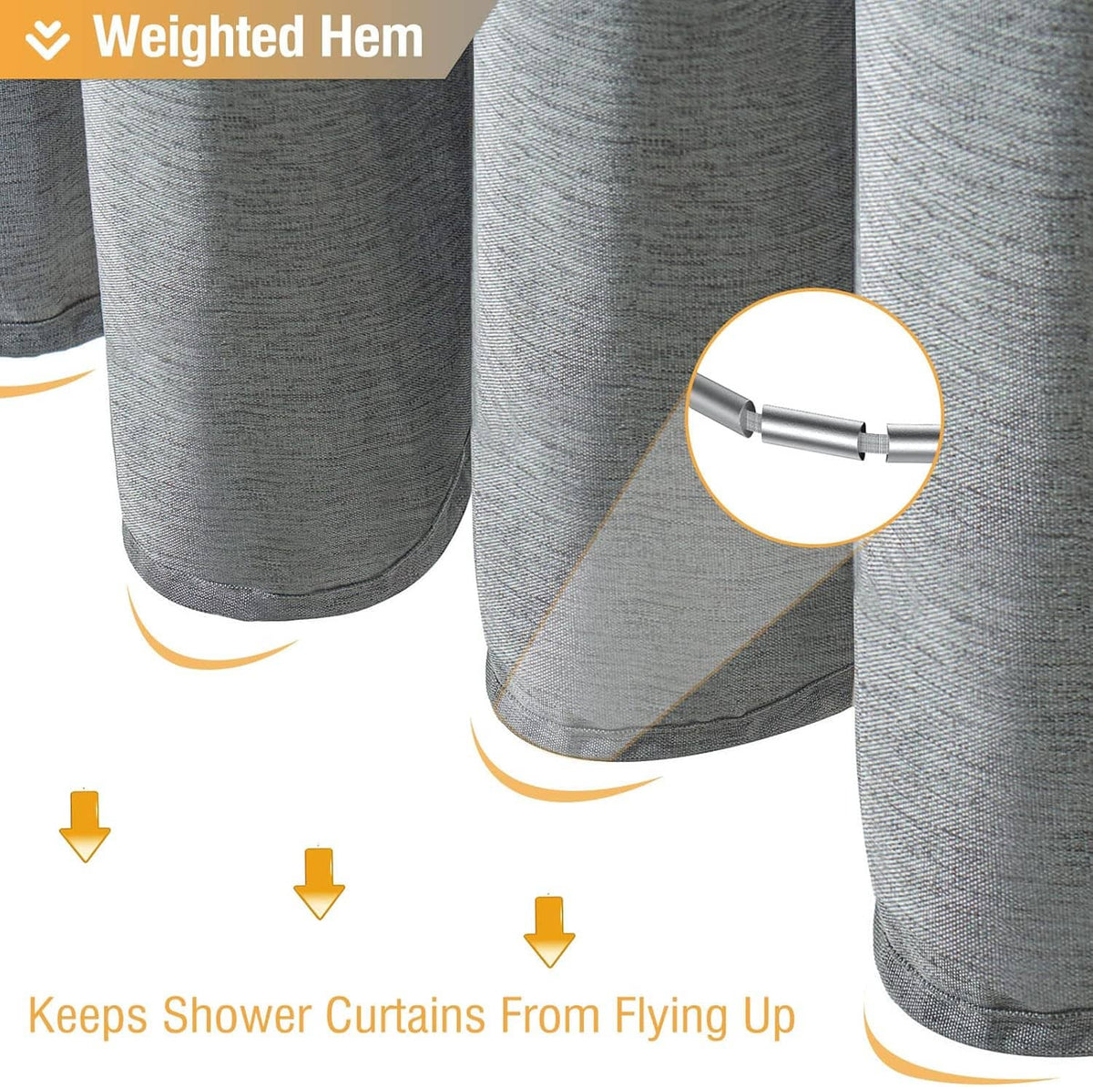 Grey shower curtain with weighted hem to help keep the curtain hanging flat