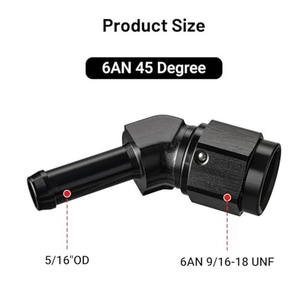 6AN 45-degree barb hose fitting with angled outlet and barbed hose end